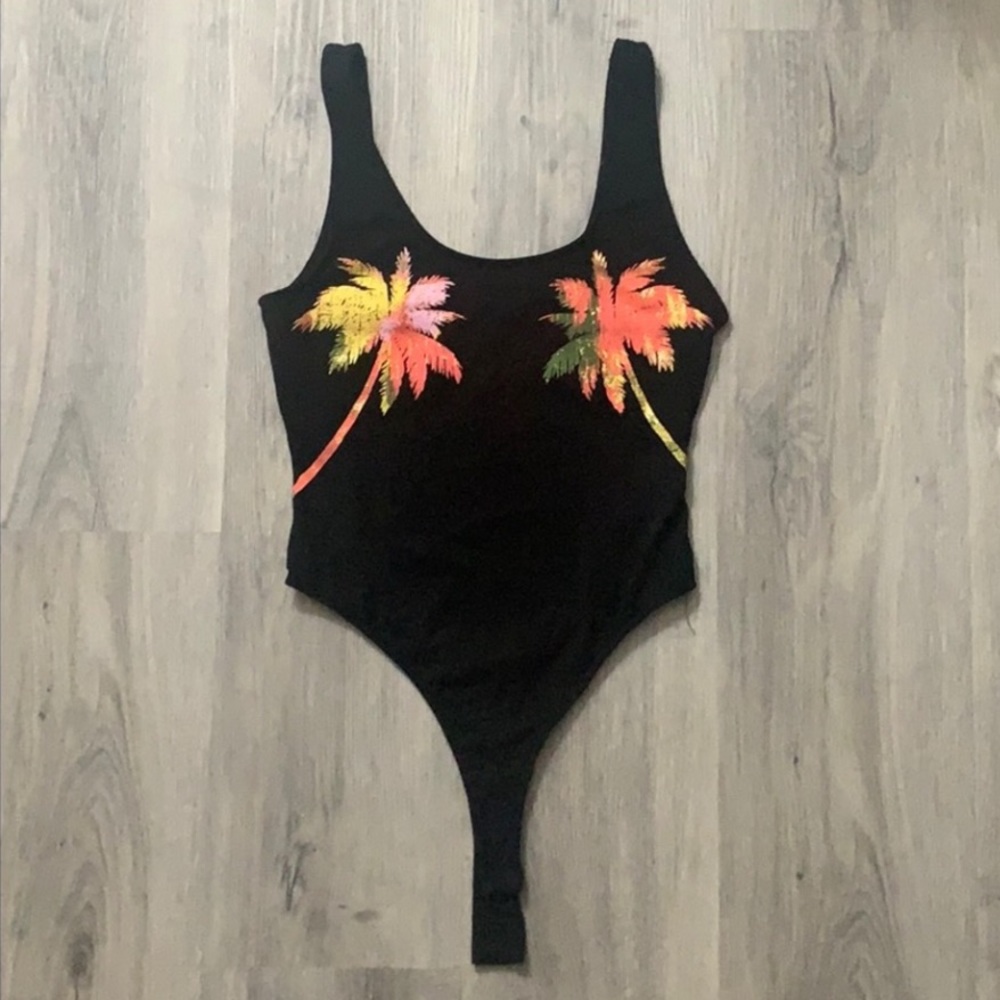 Guess black palm trees thong bodysuit